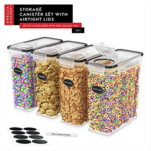 Cereal Containers Storage 4L Set of 4 Airtight Food Storage Containers with Lids Cereal Dispenser Countertop Pantry Organization Canister for Rice Flour & Sugar 1 Marker 8 Labels (Standard 4 Pack)