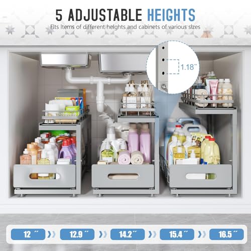 Under Sink Organizer Upgrade To Professional Rails (Gun Gray / 2 Pack-21"Dx12.8"-16.9"H)