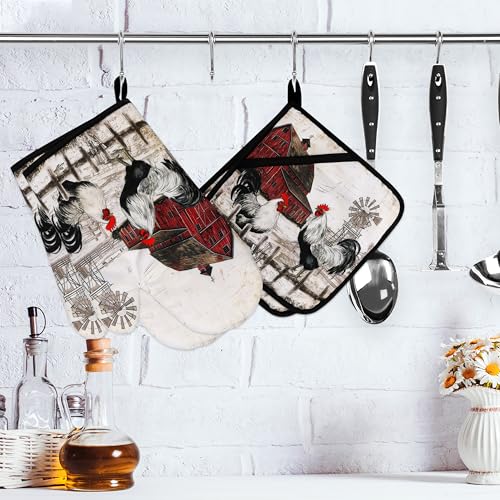 Rooster Print Oven Mitts and Pot Holders Sets of 4 Rustic Chicken Kitchen Mitts Potholders Heat Resistant Farmhouse Cute Oven Gloves Hot Pads for Chicken Kitchen Decor (Red Beige)