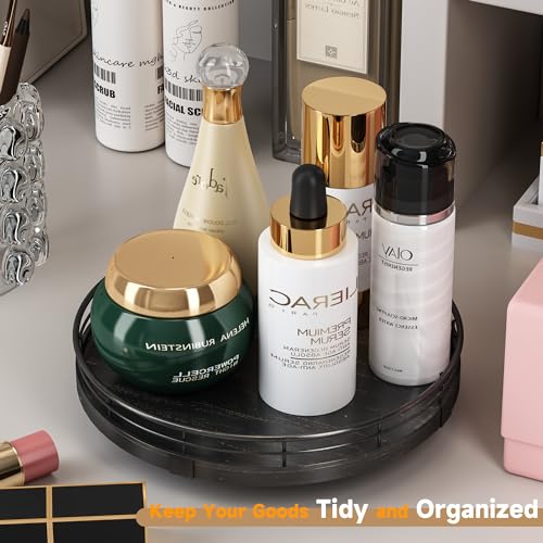 9 Inch Oak Lazy Susan Vanity Tray with Black Brush Gold Metal Frame