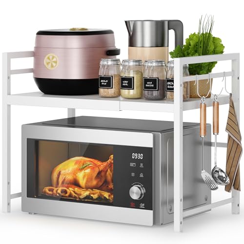 Expandable Microwave Stand Kitchen Countertop Organizer (White / 2 Tier (Without Spice Rack))