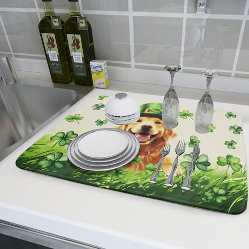 St Patrick's Day Dog Dish Drying Mat 18x24 inch Green Shamrock Dishes Pad Absorbent Microfiber Dish Drainer Mat for Kitchen Counter Coffee (Shamrock Dog / 18 x 24 inch)