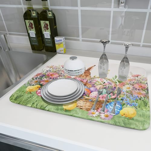 Easter Rabbit Eggs Dish Drying Mat for Kitchen Counter 18x24 Inch Spring Flowers Large Microfiber Dish Drainer Rack Mats (Colorful Easter Bunny / 24" x 18")
