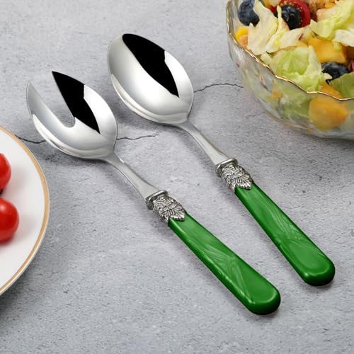2 piece Salad Servers Stainless Steel Salad Serving Set Salad Fork and Spoon (Deep Green)
