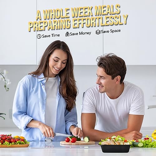 100-Piece (50-Pack) 34 OZ Meal Prep Containers Reusable with Lids, Sturdy Leakproof & Food Safe, Microwave, Freezer, Dishwasher Safe To Go Food Containers, Plastic Take Out Containers, Black (34oz-50pc)