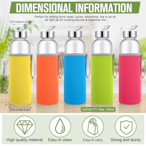 12 Pack Glass Water Bottles with Sleeves (Stylish / Colorful)