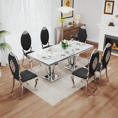 7 Piece Luxury Dining Room Set (Silver White + Black / Dining Table + 6 Carved Chair)