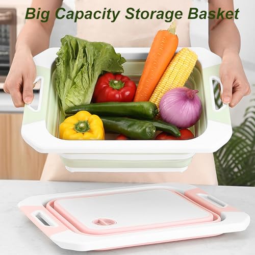 Camping Collapsible Cutting Board Dish Basin BBQ Prep Tub Camp Sink Dish Washing Station Multifunctional Storage Basket (Green White)