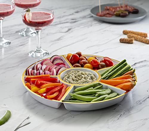 6 Sectional Round Plastic Serving Tray (White & Gold)