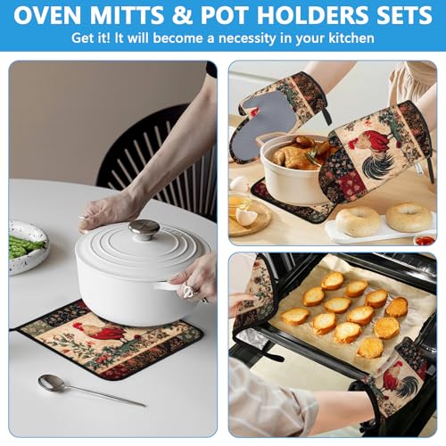 Rustic Rooster Oven Mitts and Pot Holders Sets Heat Resistant 4Pcs Potholders Oven Gloves Hot Pads for Kitchen Baking Cooking Grilling BBQ (Rustic Rooster)