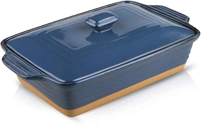 HVH Ceramic Casserole Dish with Lid Oven Safe, 3.5 Quart Large Casserole Dish, Covered Rectangular Casserole Dish Set, 9x13 Casserole Dish, Baking Dishes for Casseroles, Farmhouse Style (Blue)