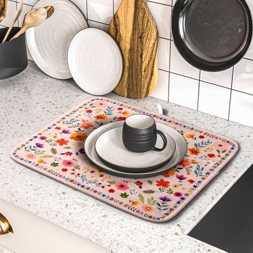 Boho Floral Dish Drying Mat (Wildflowers Pink / 18" x 16")