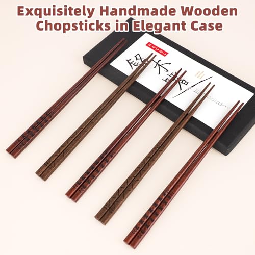 5 Pairs Reusable Hardwood Chopsticks Set (Natural Wood - Minimalist Line Art)