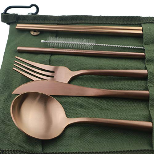 Portable 6 Pieces Flatware Set (Green Pouch / Rose Gold)