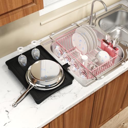Pink Expandable Dish Drying Rack Over Sink with Extra Drainboard (Pink / For 11.5"-16" W Sink with Cup Holder & Drainboard)
