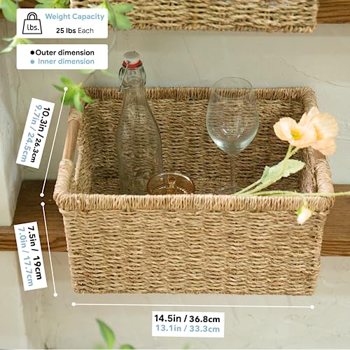 Large Wicker Basket Rectangular with Wooden Handles for Shelves (Seagrass / 3-Pack Large (14.5"L x 10.3"W x 7.5"H))