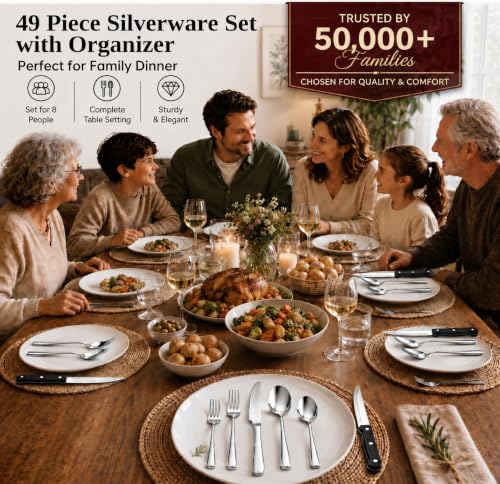 49 Piece Silverware Set with Organizer (Silver)