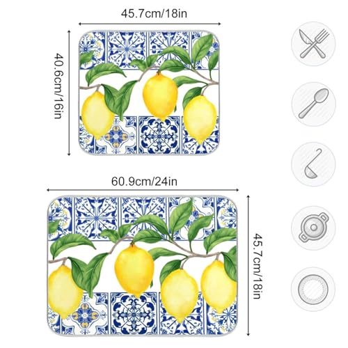 Lemon Blue Tiles Dish Drying Mat for Kitchen Counter Absorbent Microfiber Drying Pad (16" x 18")