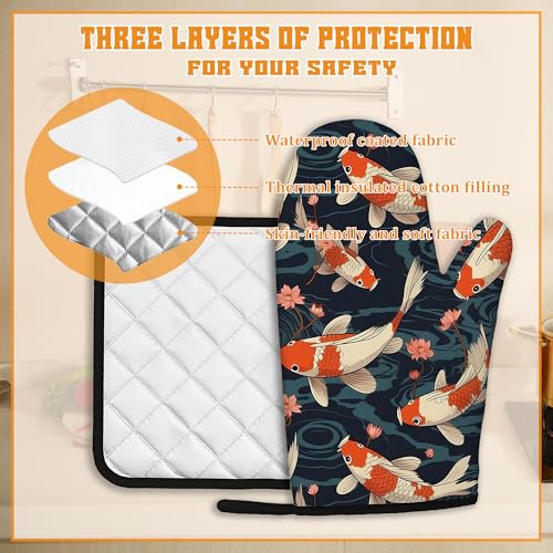 Goldfish Flower Japanese Oven Mitts and Pot Holders (4 Count)