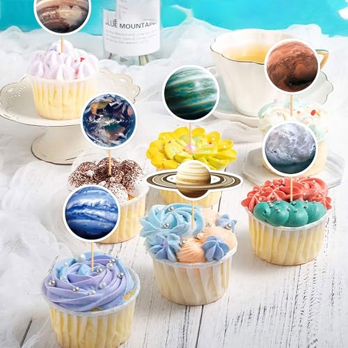 40Pcs Space Cupcake Toppers Astronaut Cupcake Picks Solar System Galaxy Universe Planet Food Picks for Outer Space Baby Shower Boys Girls Birthday Party Cake Cupcake Decorations (40 Count)