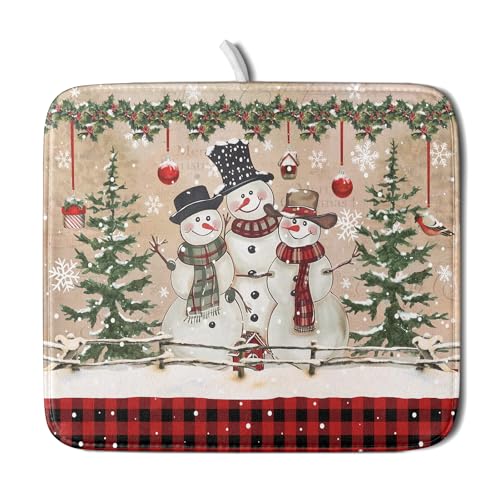 Winter Snowman Dish Drying Mat 16x18 Inch Red Buffalo Plaid Holiday Dish Drainer Mat Absorbent Dish Rack Pad for Kitchen Counter Sink Decor (Winter Snowman Bell / 16" x 18")