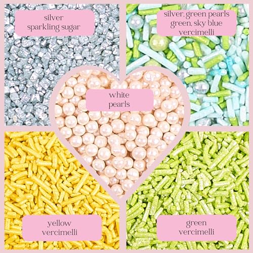 Edible Sprinkles for Cakes & Cupcakes Decoration Assorted pack of 5 Summer Fun Sprinkles Mix White Dragees Green Yellow Blue Jimmies Silver Sparkling Sugar (5 Ounce)