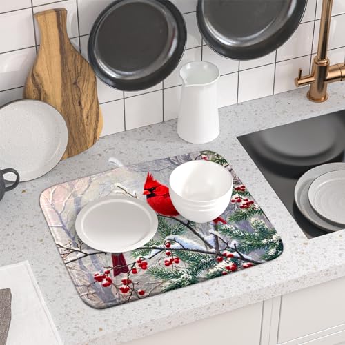 Red Bird Dish Drying Mat Merry Christmas Dishes Pad Absorbent Fast Dry Dish Drainer Mat Protector for Kitchen Counter 16 x 18 Inches (red bird / 16" x 18")