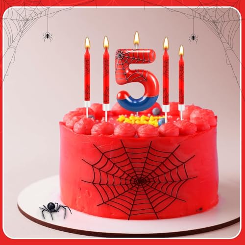 13 Pcs Spider Themed Birthday Candle Set Red Spider Theme Number 5 Candle Cake Topper for Boys Girls Birthday Decoration Spider Party Decoration Supplies (13 Count)