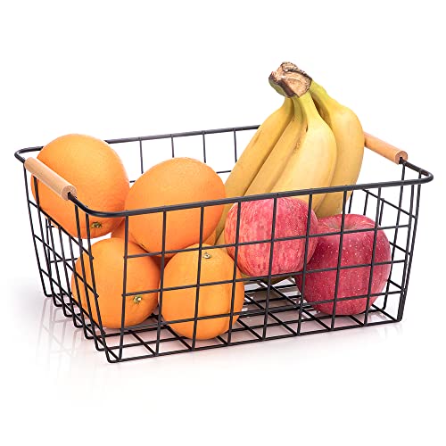 Wire Baskets with Wooden Handles Wire Storage Organizer Bin Baskets (2 Count)