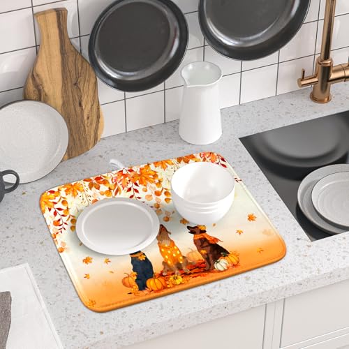 Fall Dogs Dish Drying Mat Autumn Leaves Reusable Dishes Pad 16"x18" Holiday Microfiber Quick Dry Dish Drainer Rack Mat for Kitchen Counter (Fall Dogs / 16x18 inch)
