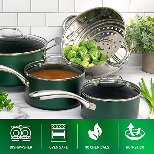 Diamond Granite Stone Classic Emerald Pots and Pans Set with Ultra Nonstick Durable Mineral & Diamond Tripple Coated Surface (Emerald Green)