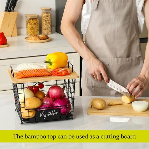 2 Set Large Stackable Wire Basket with Bamboo Tops & Tag (L)