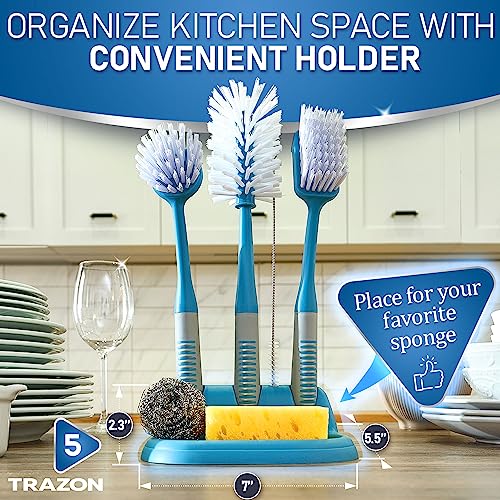 Dish Brush Set of 5 with Convenient Holder (Blue)