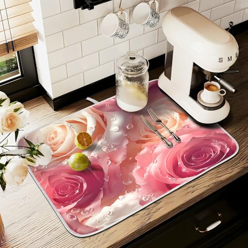 3d Pink White Roses Dish Drying Mat for Kitchen Counter Absorbent Microfiber Small Drying Pad Dish mats for Kitchen Countertops 16 x 18 Inch (Pink White Roses / 18" x 16")