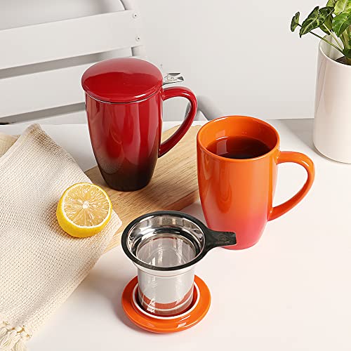 Sweejar Porcelain Tea Mug with Infuser and Lid (Gradient Orange / Tea Cup(16 Fl Oz))