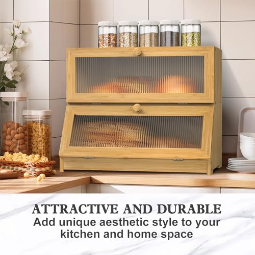 Bread Box for Kitchen Countertop (Bamboo Color / 2‑tier)