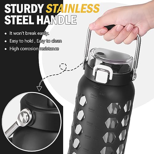 64oz Glass Water Bottle with Straw and Lid (Black / 64 Ounces)