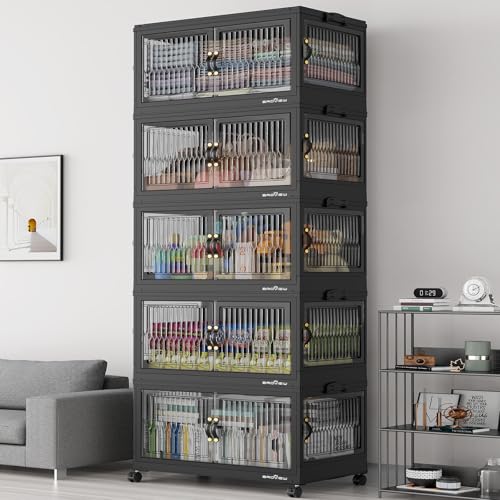 150Gal Stackable Storage Bins with Lids Foldable Boxes (Black / 30Gal-5Pack)