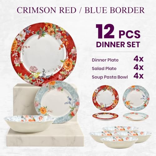12 Piece Porcelain Dinnerware Set for 4 (12 / Crimson)