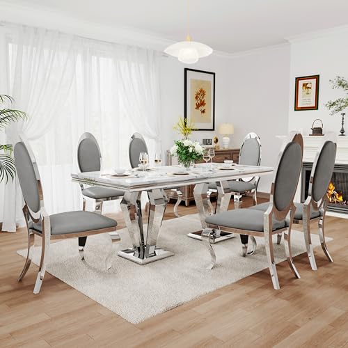 7 Piece Luxury Dining Room Set (Silver White + Grey / Dining Table + 6 Oval Chairs)