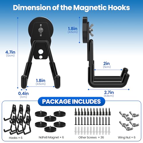 6 Pack Large Heavy Duty Magnetic Hook Extra Strong Magnetic Garage Hooks Big NdFeB Industrial Magnet Hooks Magnetic Utility Storage Holder Organization with Anti (1.6" Magnet-6 Pack-Black)