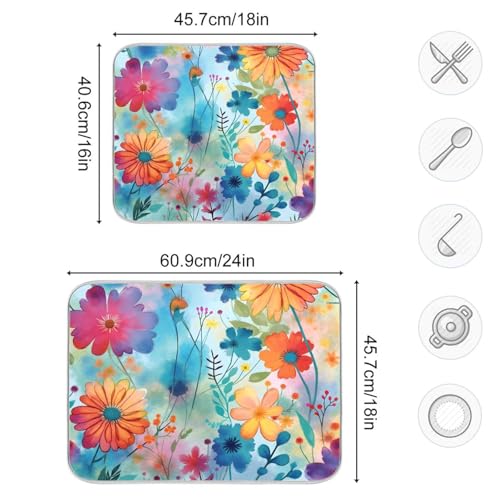 Colorful Flowers Blue Dish Drying Mat for Kitchen Counter Absorbent Microfiber Drying Pad (18" x 24")