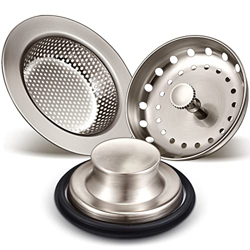 3 Pcs Kitchen Sink Drain Strainer and Stopper Stainless Steel Garbage Disposal Plug with Handle Universal Anti (Brushed Silver)