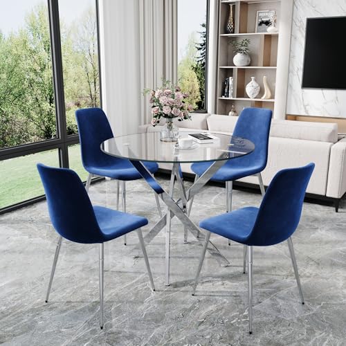 36" Round Glass Dining Table Set for 4 (Silver Round Table/Blue Velvet Chairs / 5 Pieces)