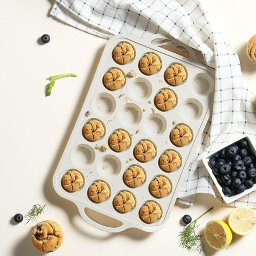 24 Cups Silicone Muffin Pan with Metal Reinforced Frame Mini Size Cupcake Pan Tray Egg Bites Silicone Circle Cookie Molds Muffin Tin Tart Pans Non Stick Toxic Oven Safe Baking Sheet Set (Mini / Cream)