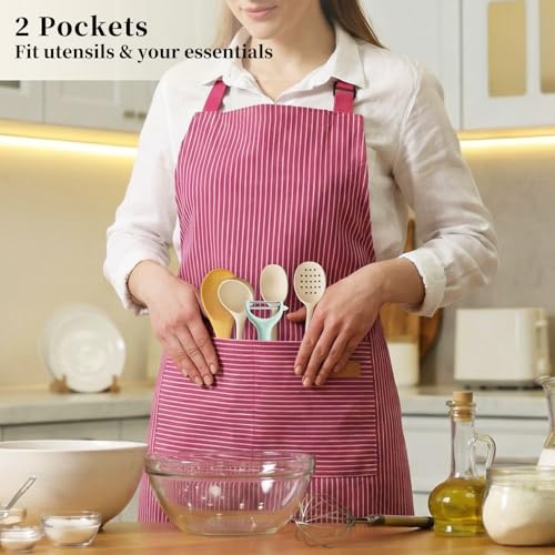 2 Pack Cooking Aprons Adjustable Bib Apron for Women with 2 Pockets (Wine Pinstripes)