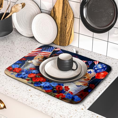 4th of July Dish Drying Mat Patriotic Cats Dish Drying Rack Mat for Kitchen Counter Small (Patriotic Cat Blue / 18" x 16")