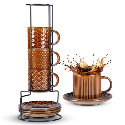 6 OZ Coffee Mugs with Saucer and Stand (Caramel / 6 Ounce (With Stand))