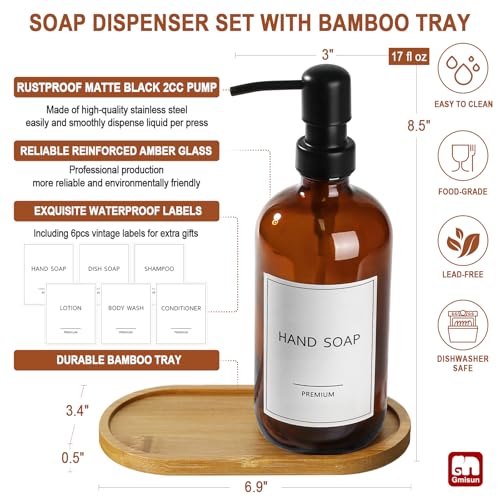 Amber Glass Soap Dispenser (Amber Bottle + Black Pump + Bamboo Tray / 2 Pack + Tray)