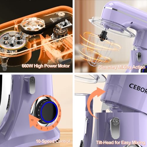 3-IN-1 Electric Stand Mixer, 6.5QT Bowl 660W 10-Speed Kitchen Mixer, Household Food Mixers include Dough Hook, Beater and Whisk, Bread Cake Mixer for Baking and Most Home Cooks, Purple (Purple)